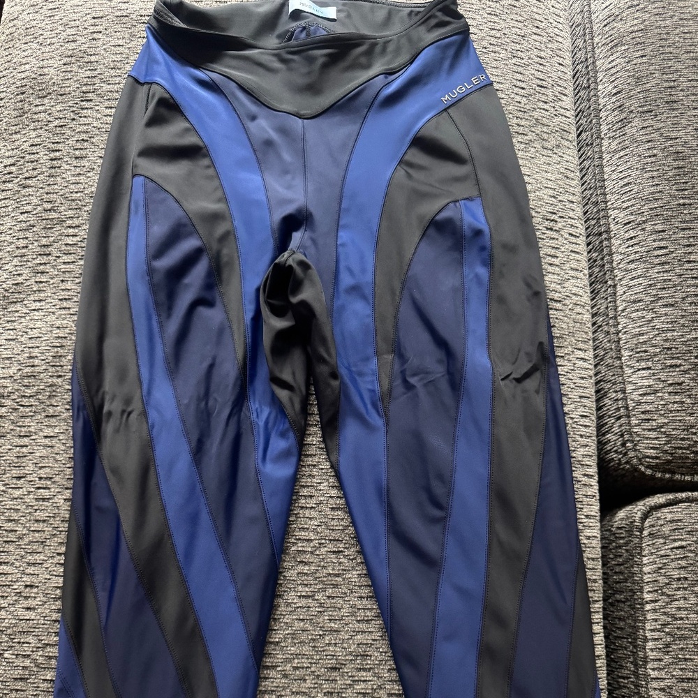 Blue and black mugler leggings